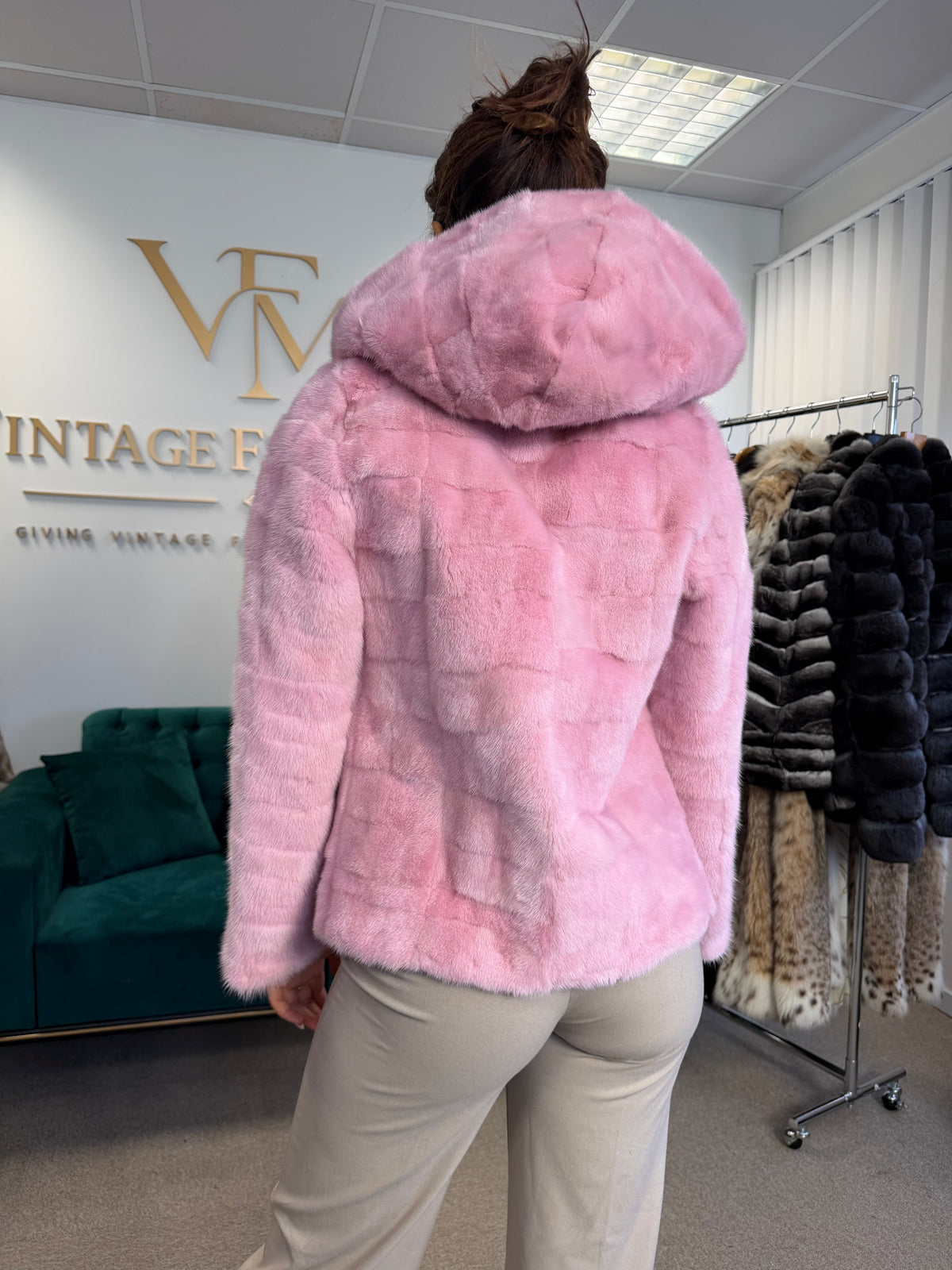 Pink Dyed Mink Fur Jacket, Medium, Hooded, New