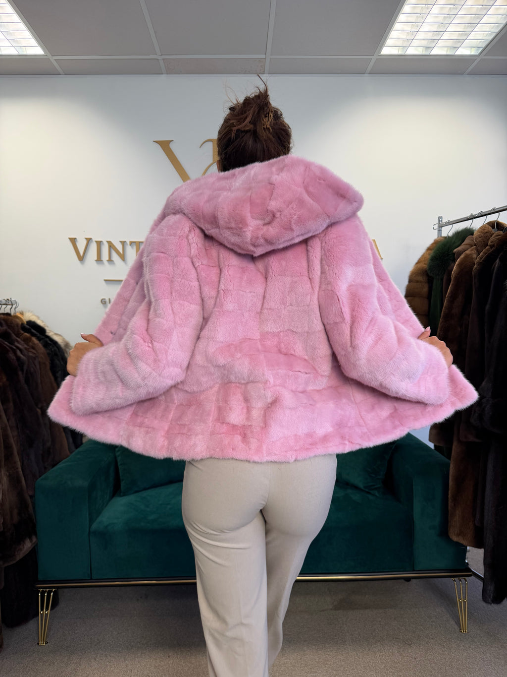 Pink Dyed Mink Fur Jacket, Medium, Hooded, New