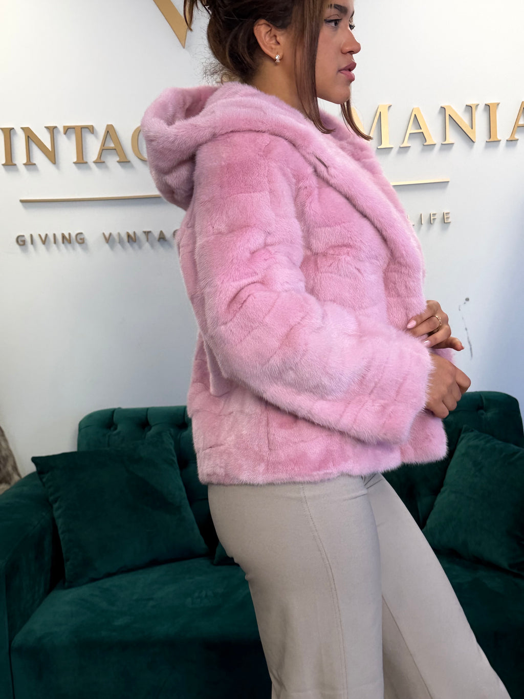 Pink Dyed Mink Fur Jacket, Medium, Hooded, New