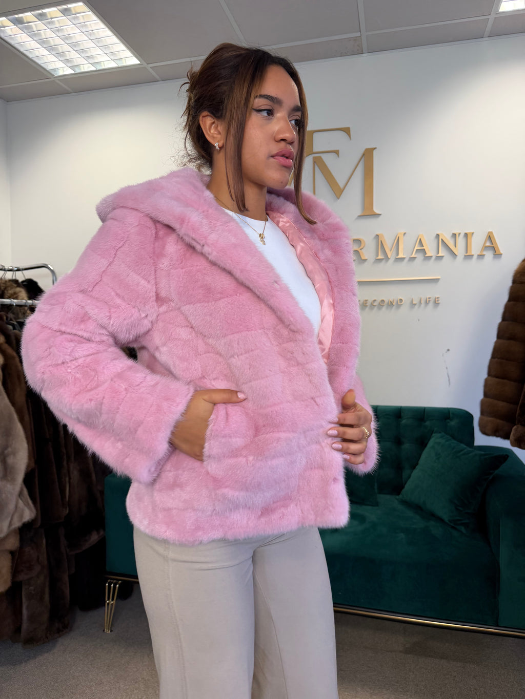 Pink Dyed Mink Fur Jacket, Medium, Hooded, New