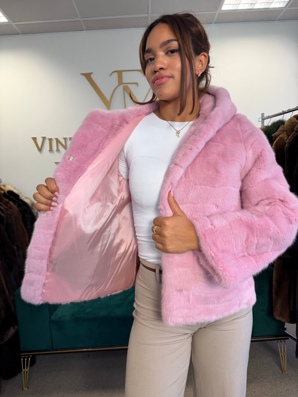 Pink Dyed Mink Fur Jacket, Medium, Hooded, New