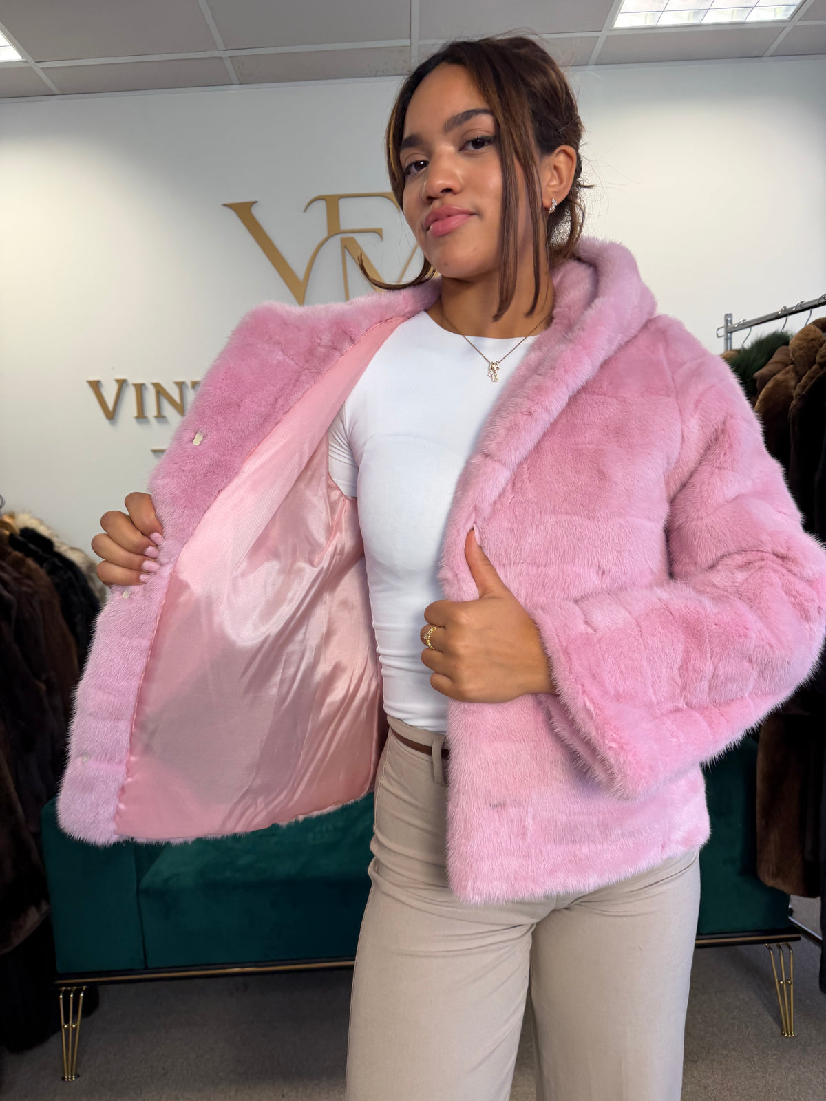 Pink Dyed Mink Fur Jacket, Medium, Hooded, New