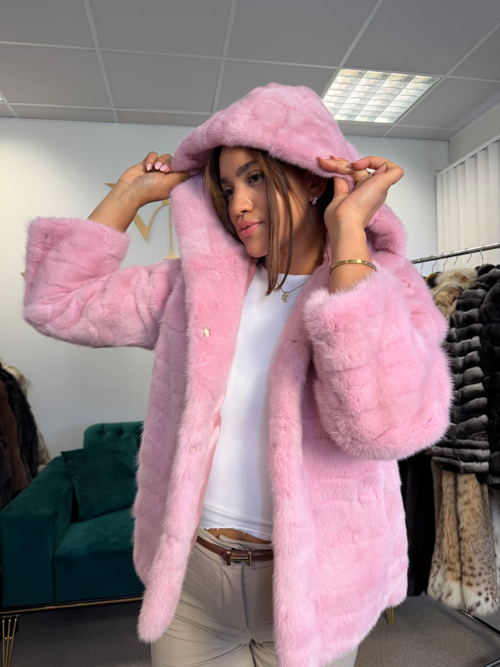 Pink Dyed Mink Fur Jacket, Medium, Hooded, New