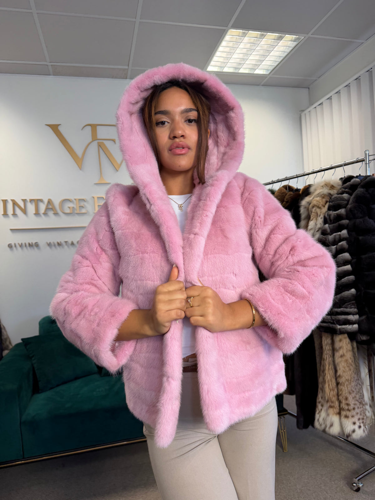 Pink Dyed Mink Fur Jacket, Medium, Hooded, New