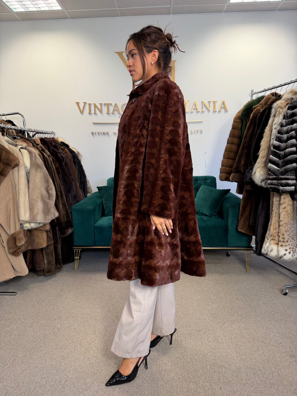 Red Sheared Mink Fur Coat, Swinger, Fits up to 4XL