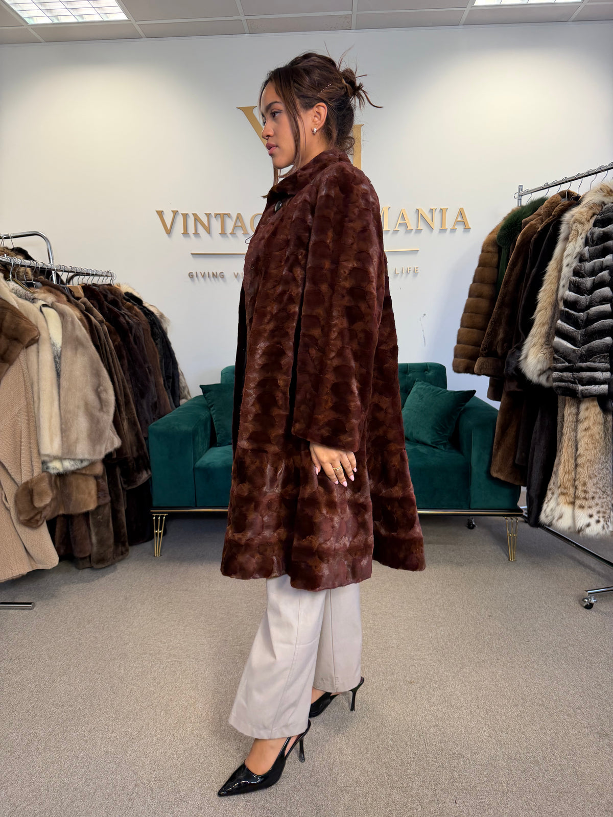 Red Sheared Mink Fur Coat, Swinger, Fits up to 4XL