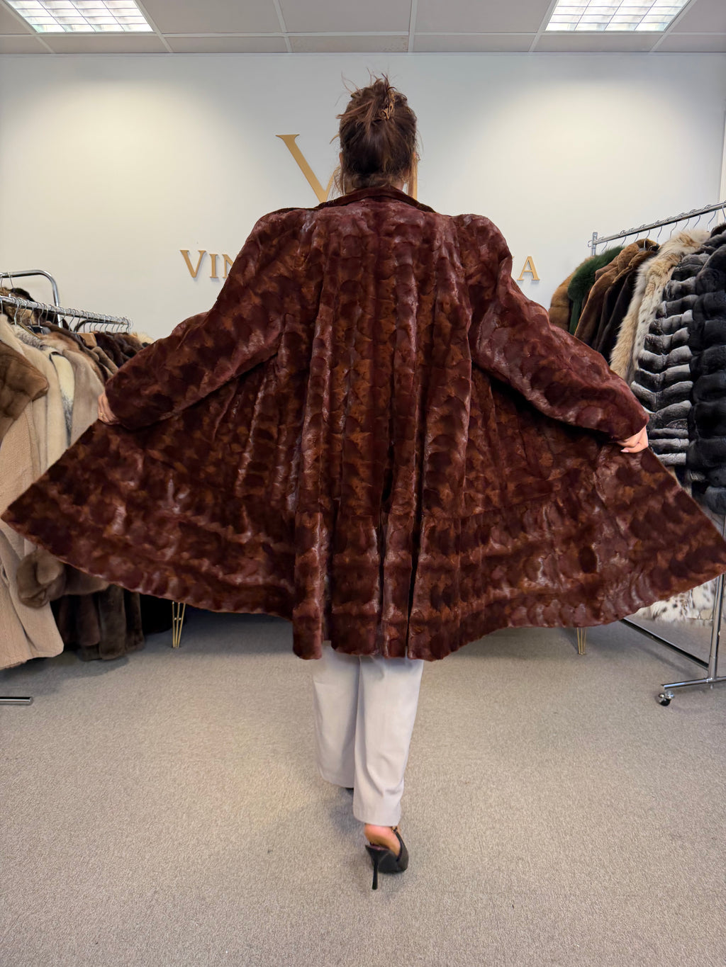 Red Sheared Mink Fur Coat, Swinger, Fits up to 4XL