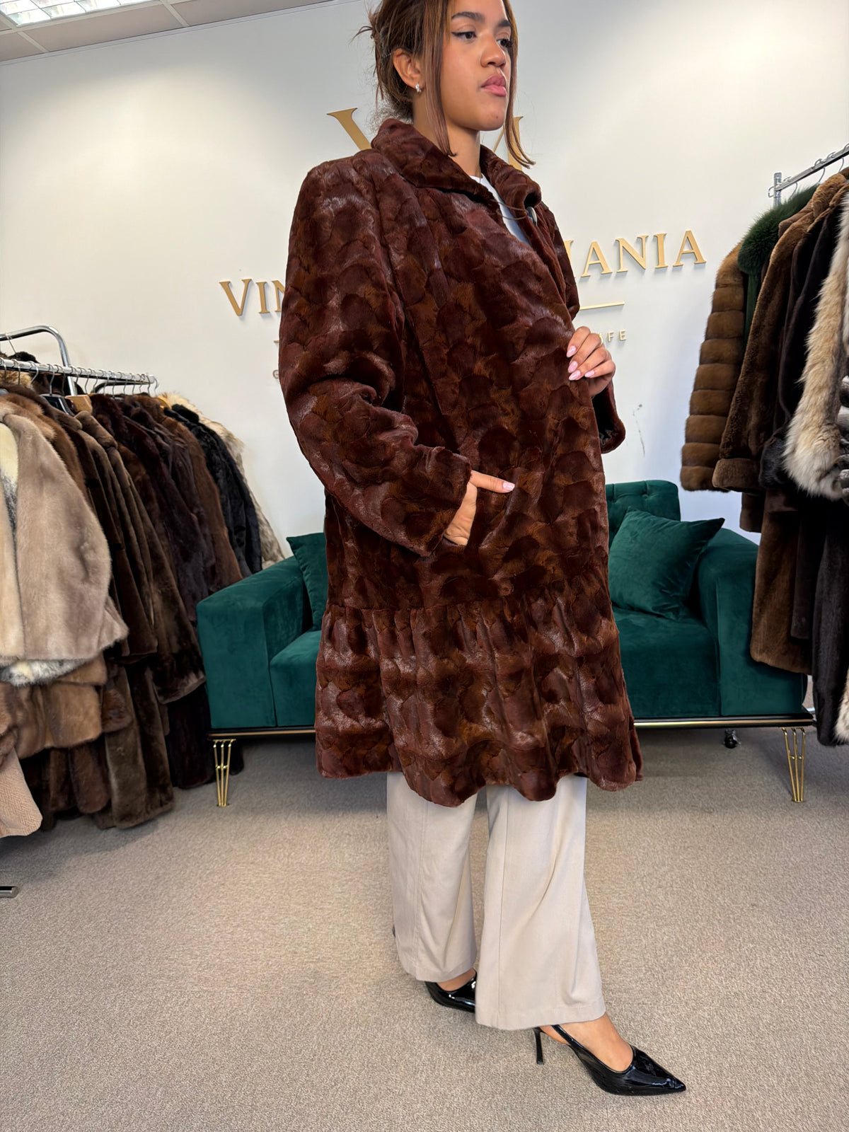 Red Sheared Mink Fur Coat, Swinger, Fits up to 4XL