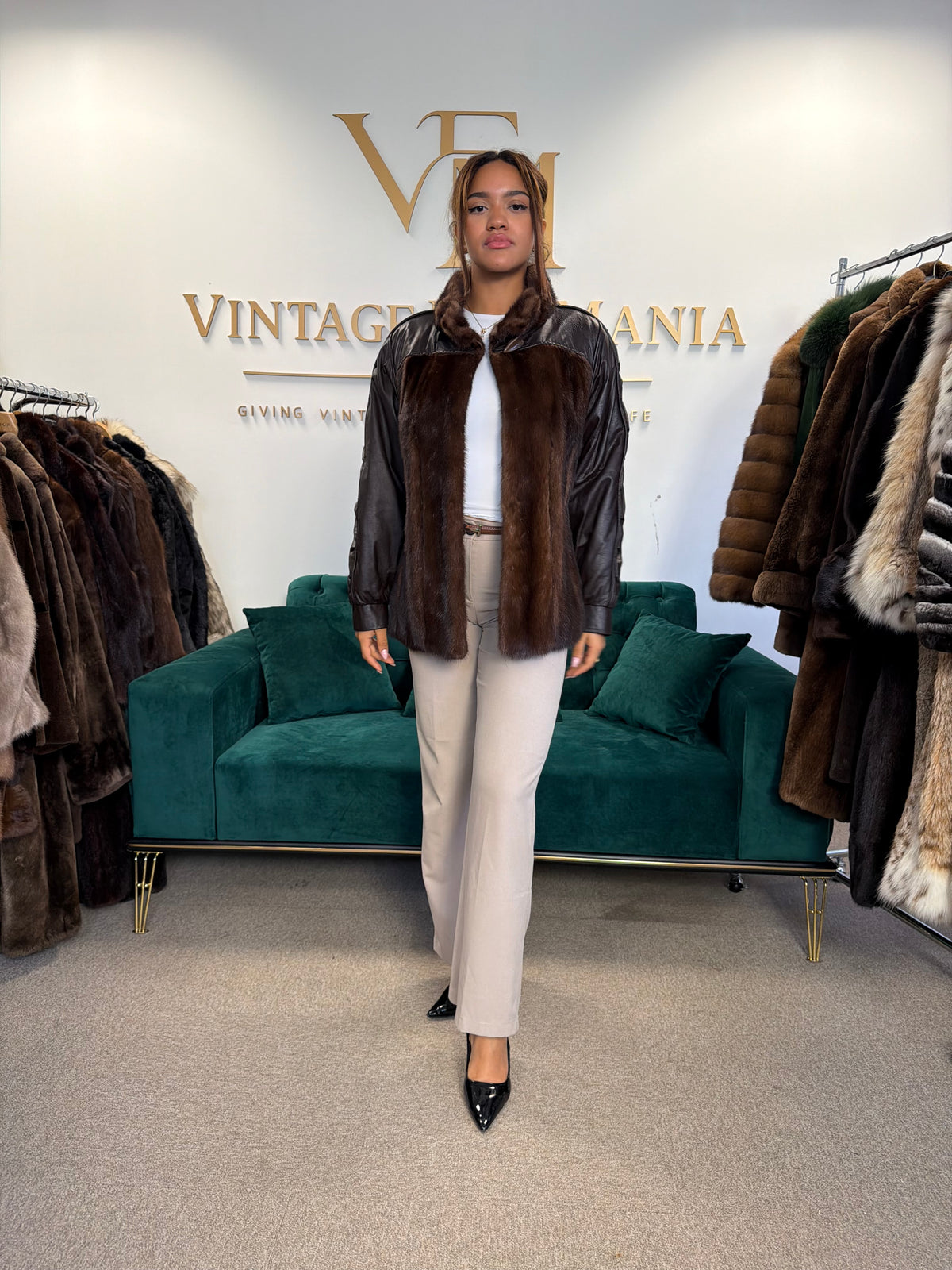 Brown Mink Fur Bomber Jacket with Leather, Large