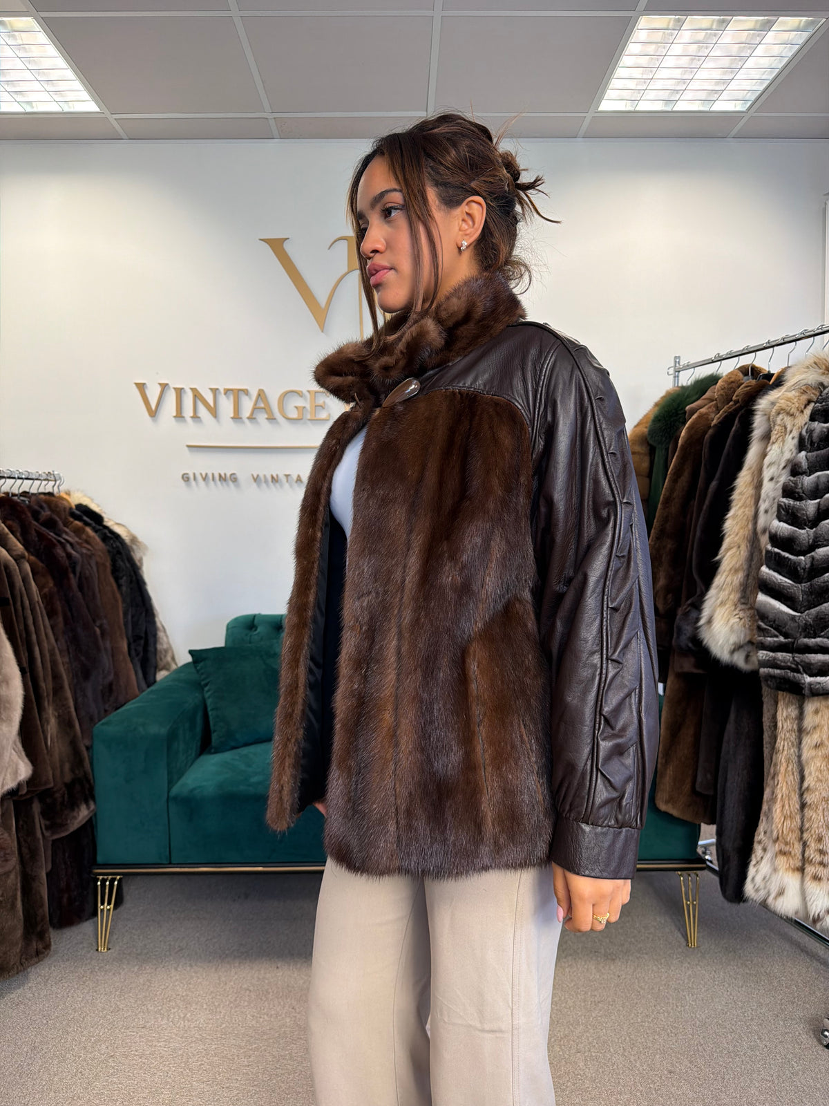 Brown Mink Fur Bomber Jacket with Leather, Large
