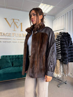 Brown Mink Fur Bomber Jacket with Leather, Large