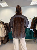 Brown Mink Fur Bomber Jacket with Leather, Large