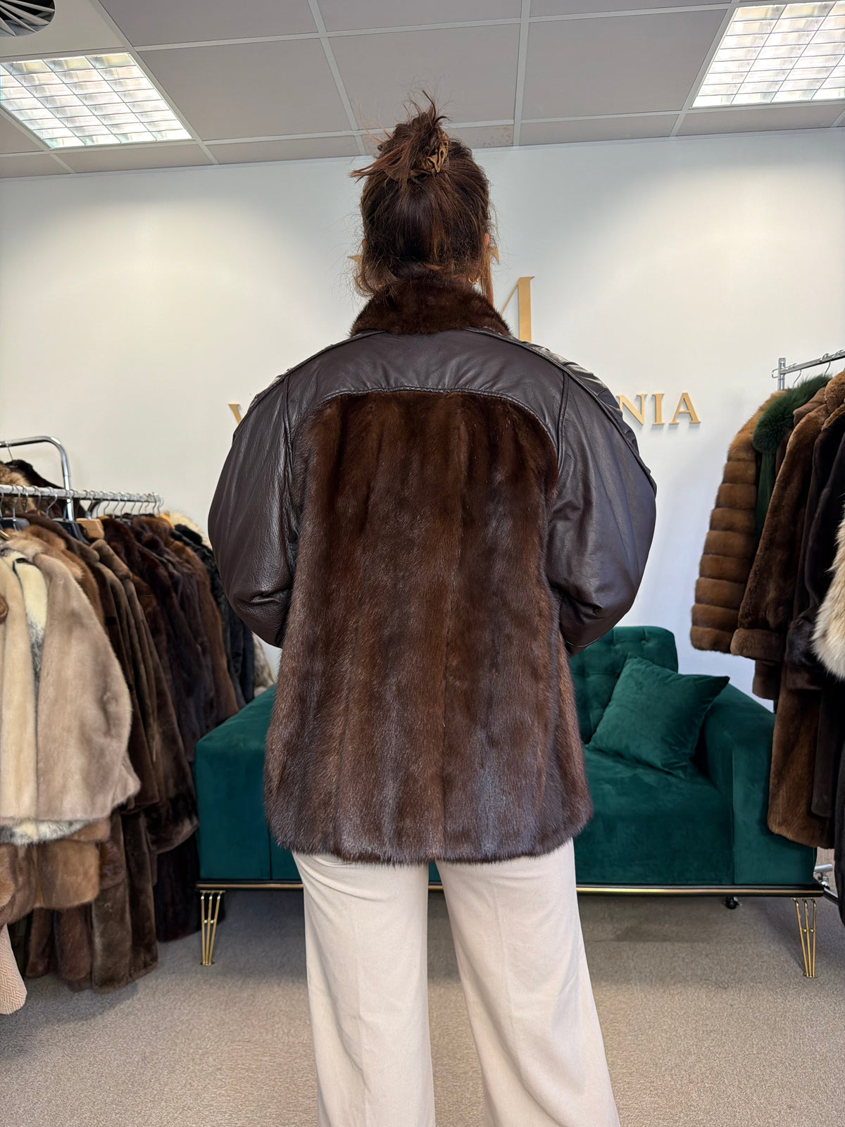 Brown Mink Fur Bomber Jacket with Leather, Large
