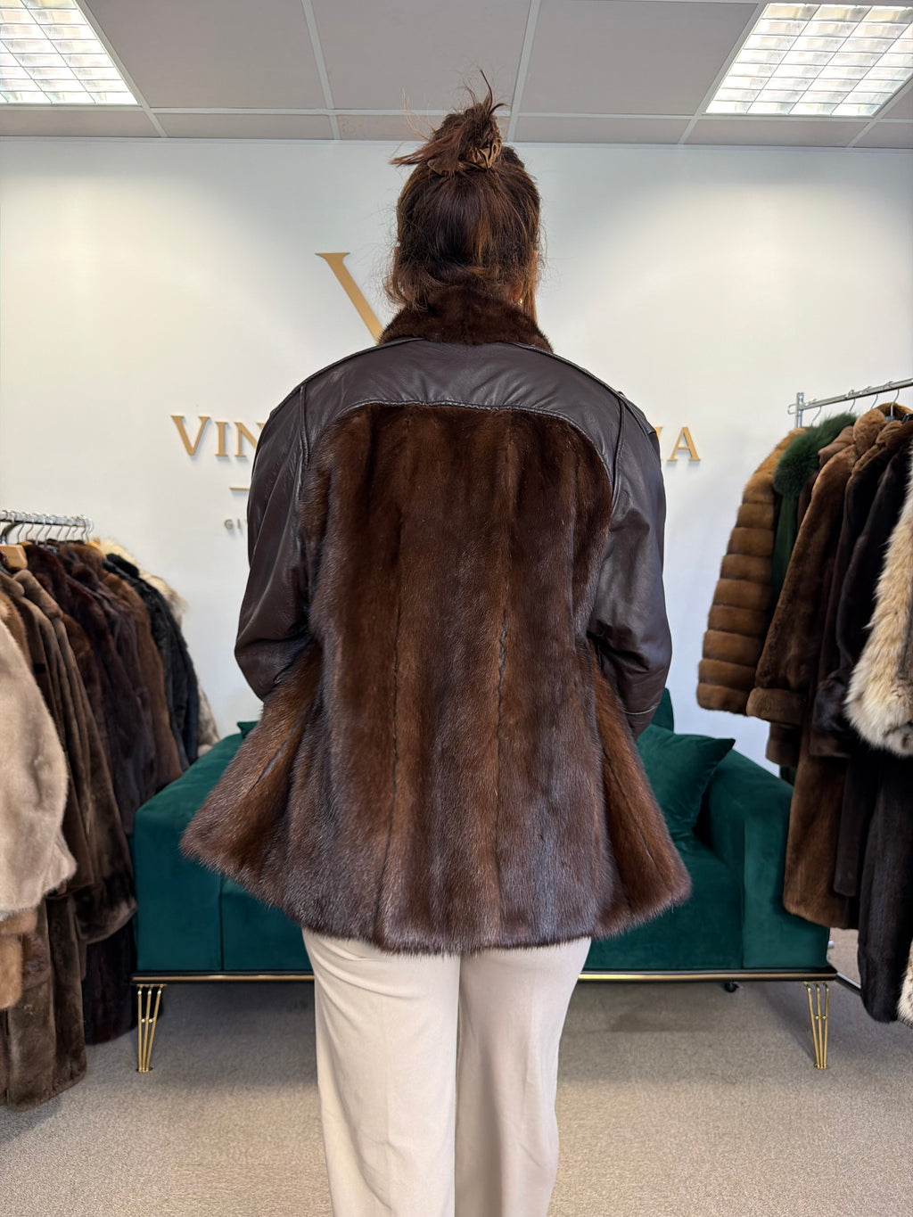 Brown Mink Fur Bomber Jacket with Leather, Large