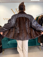 Brown Mink Fur Bomber Jacket with Leather, Large