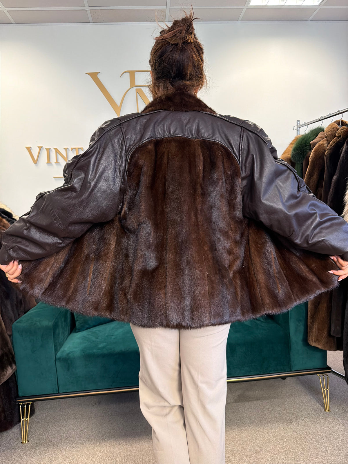 Brown Mink Fur Bomber Jacket with Leather, Large