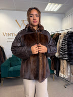 Brown Mink Fur Bomber Jacket with Leather, Large