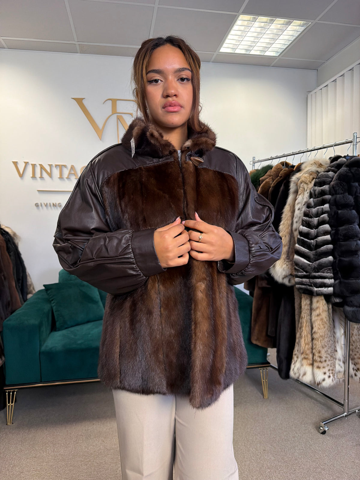 Brown Mink Fur Bomber Jacket with Leather, Large