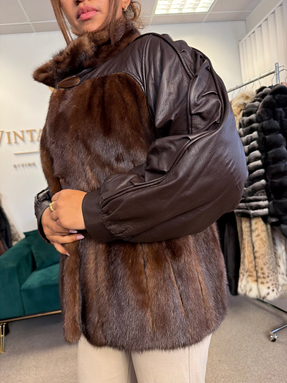 Brown Mink Fur Bomber Jacket with Leather, Large