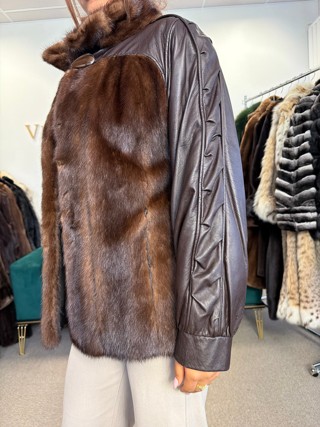 Brown Mink Fur Bomber Jacket with Leather, Large