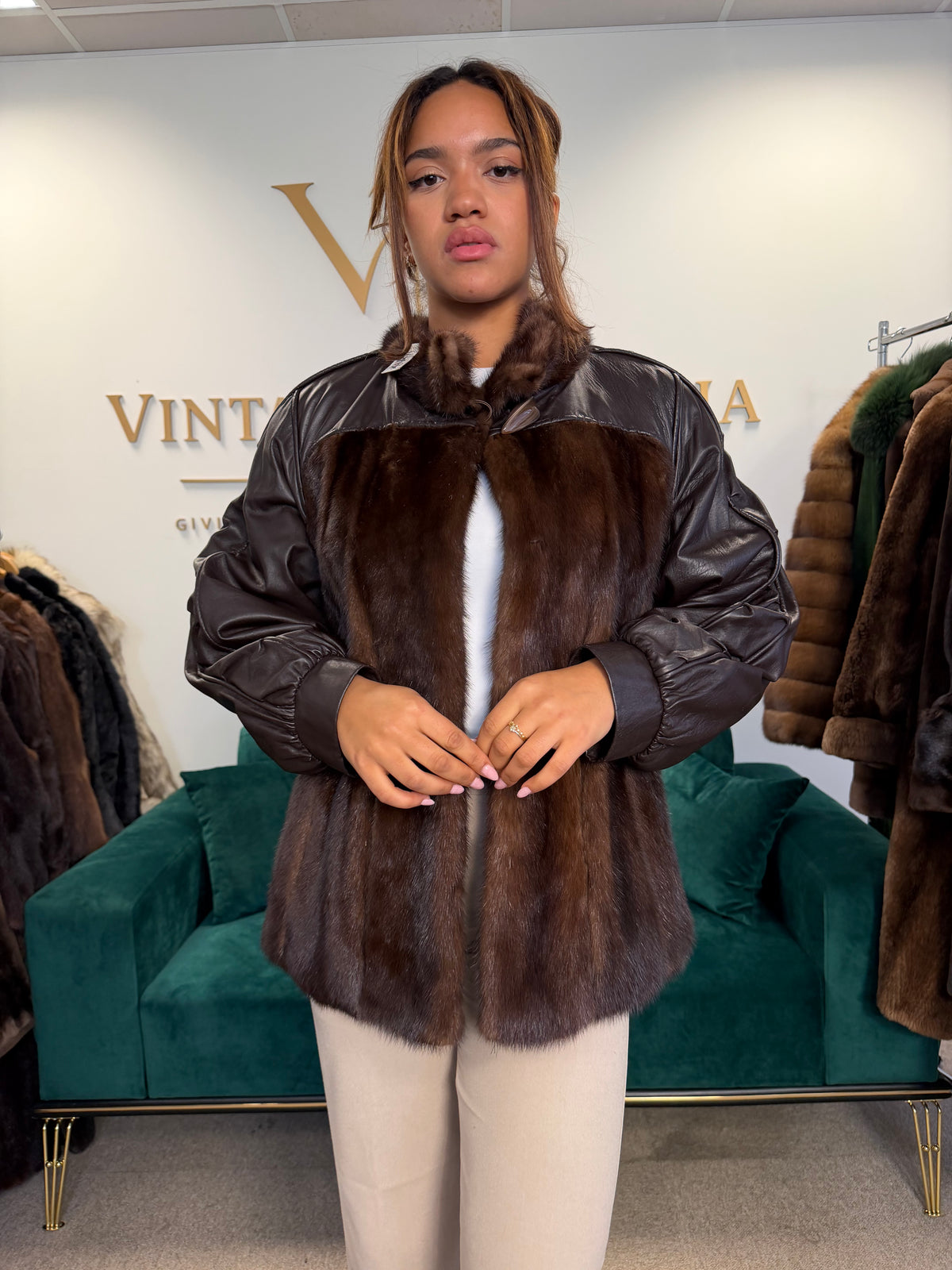 Brown Mink Fur Bomber Jacket with Leather, Large