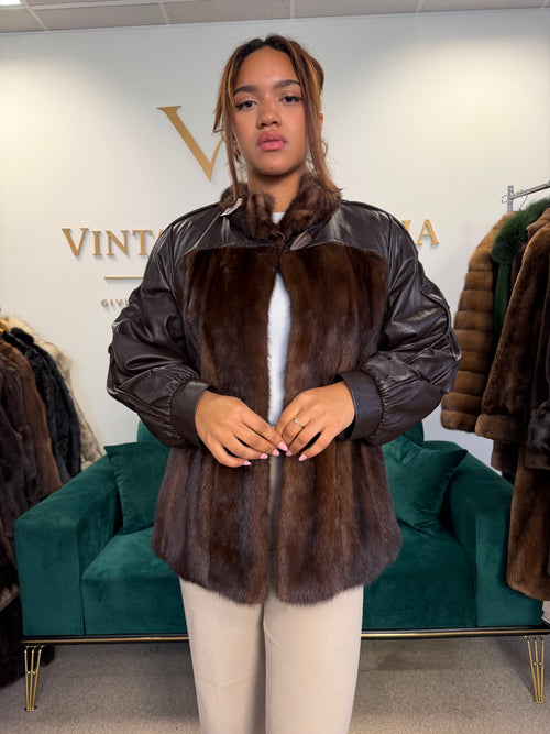 Brown Mink Fur Bomber Jacket with Leather, Large