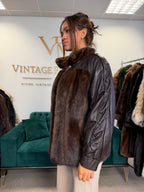 Brown Mink Fur Bomber Jacket with Leather, Large
