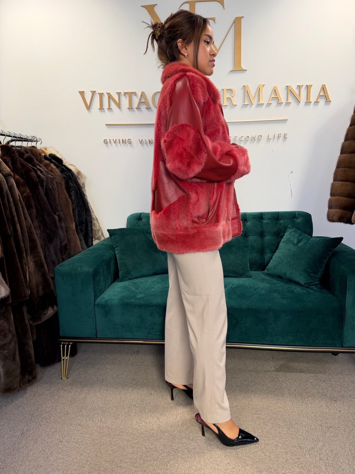 Red Dyed Mink Fur Jacket with Red Leather, Large