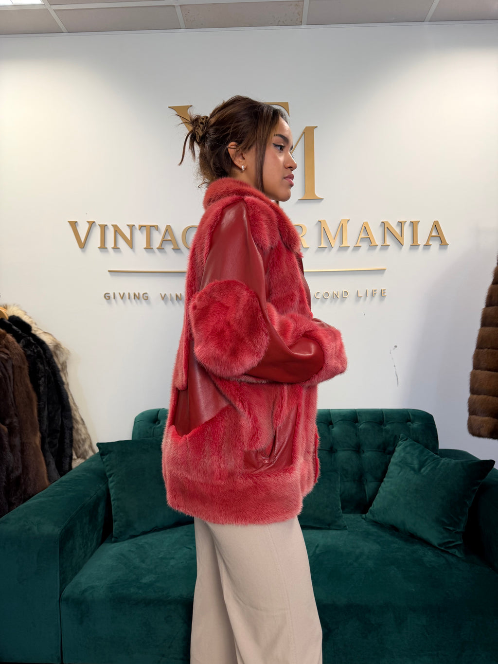Red Dyed Mink Fur Jacket with Red Leather, Large