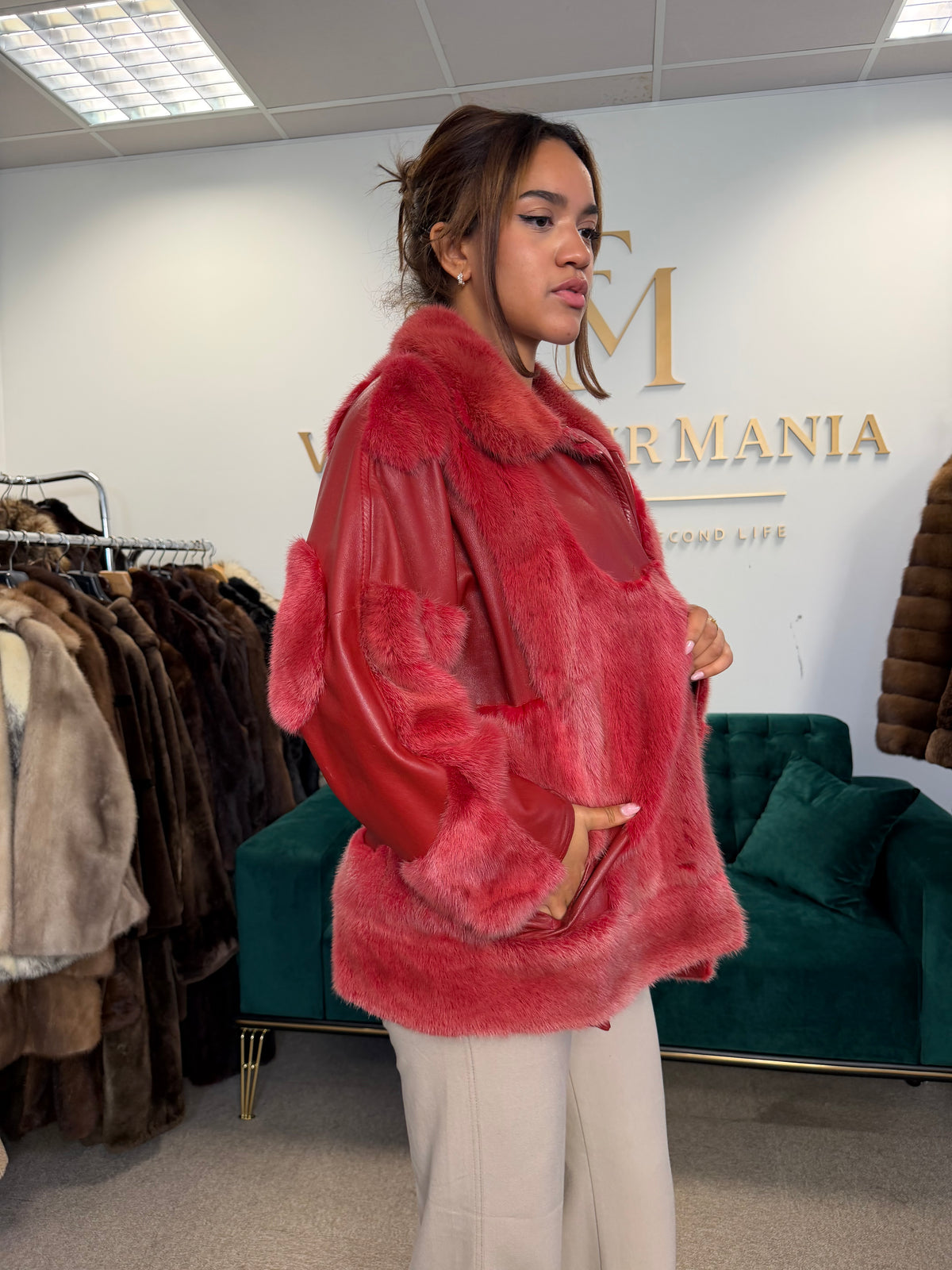 Red Dyed Mink Fur Jacket with Red Leather, Large