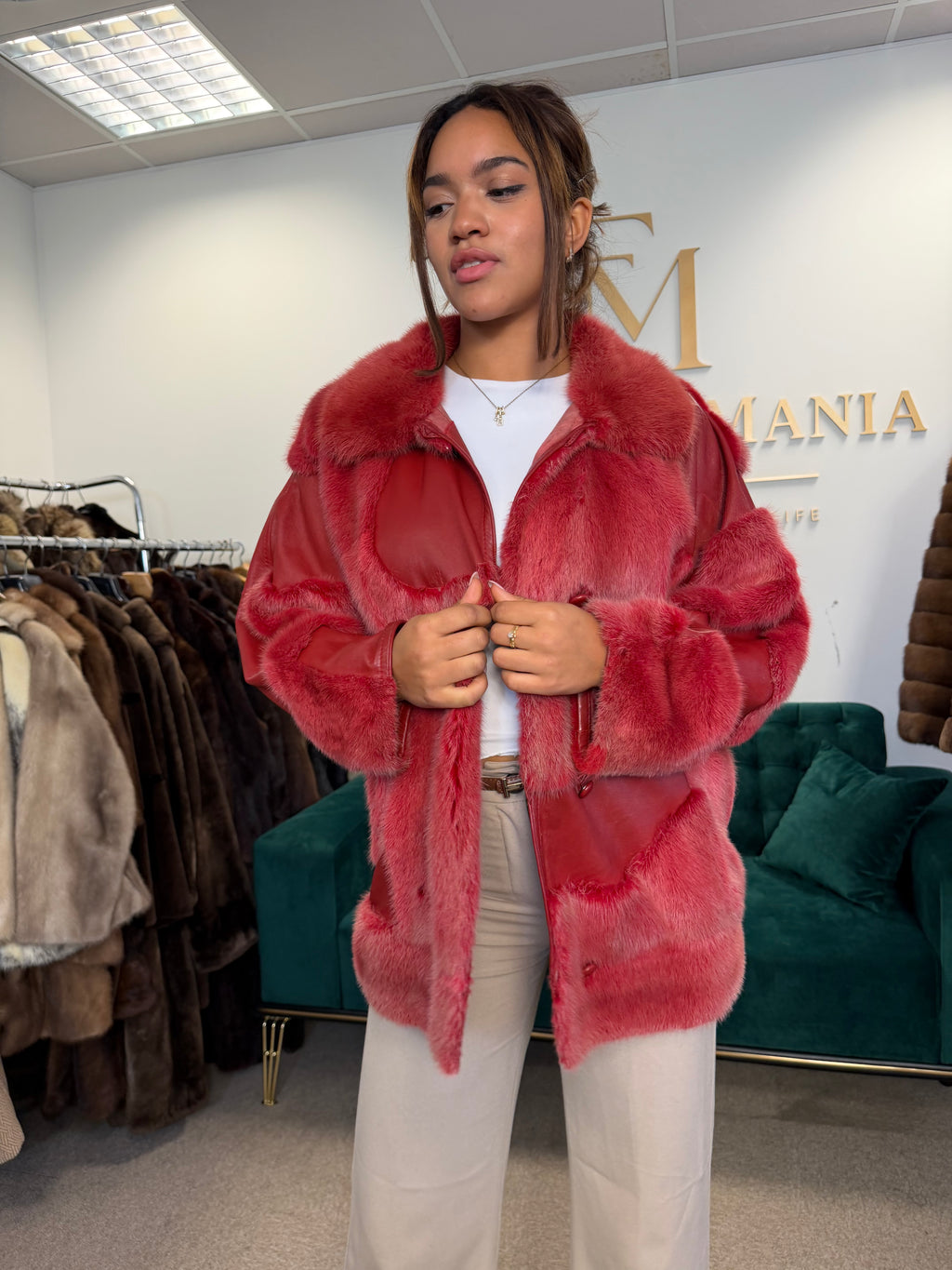 Red Dyed Mink Fur Jacket with Red Leather, Large