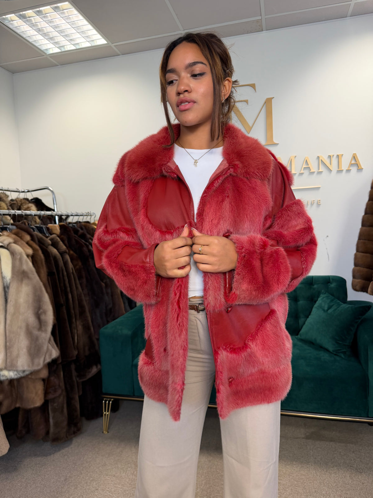 Red Dyed Mink Fur Jacket with Red Leather, Large