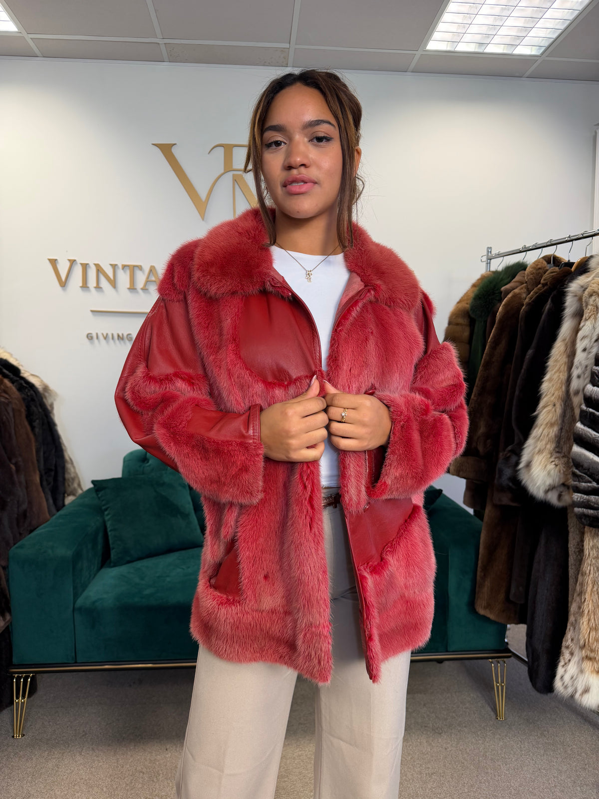 Red Dyed Mink Fur Jacket with Red Leather, Large