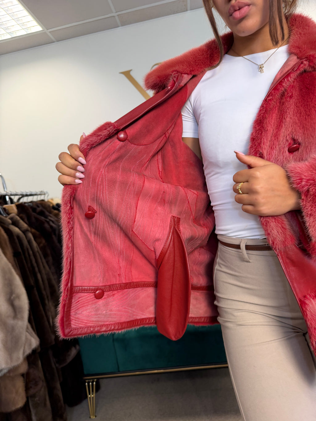 Red Dyed Mink Fur Jacket with Red Leather, Large