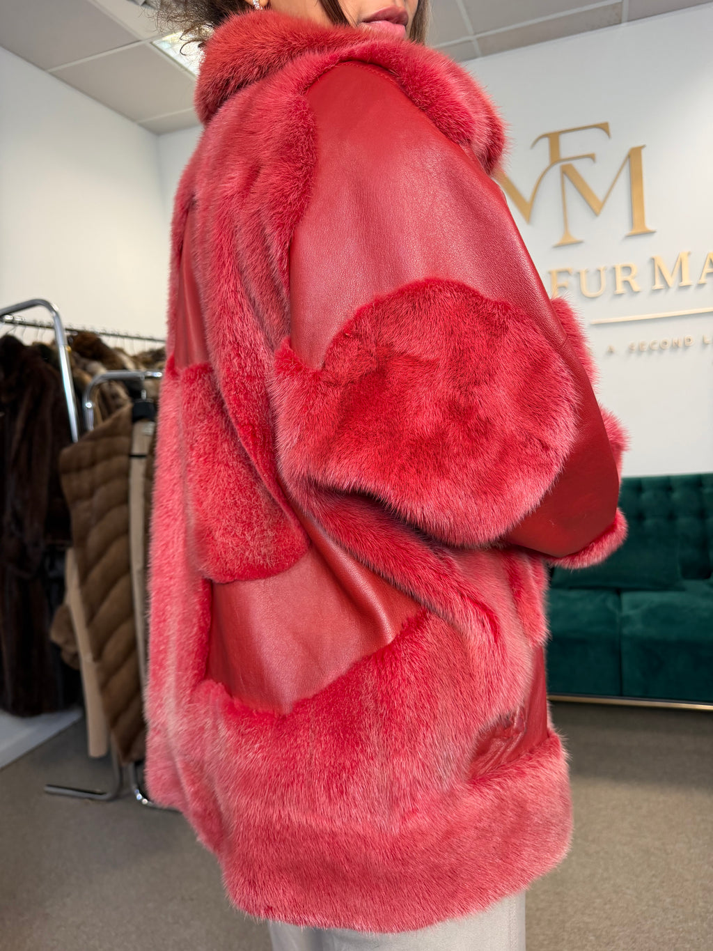 Red Dyed Mink Fur Jacket with Red Leather, Large