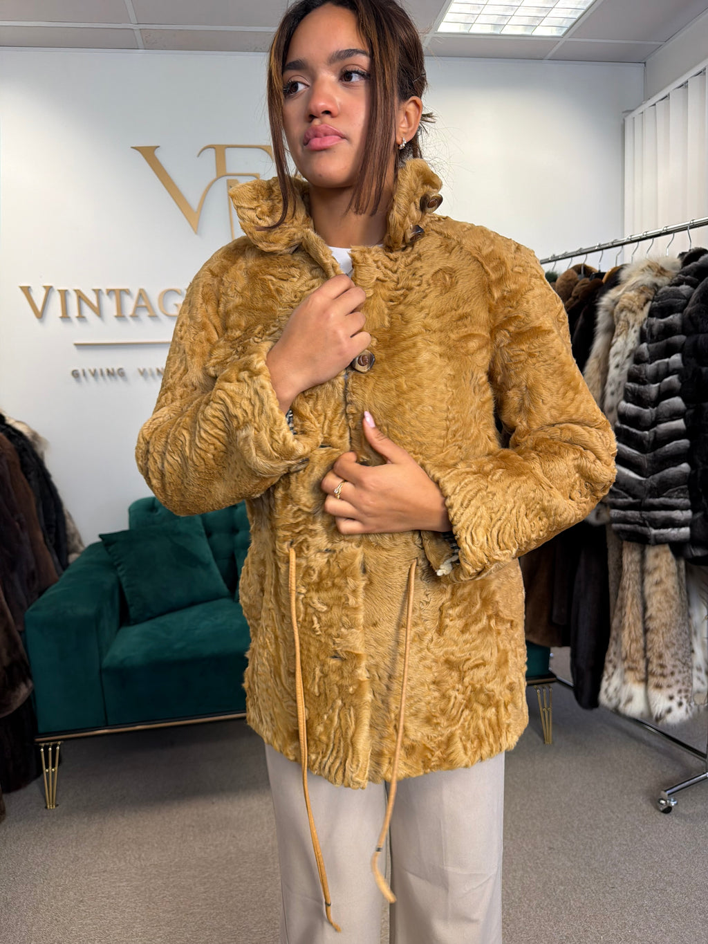 Golden Astrakhan Lamb Nappa Jacket, Medium, Designer
