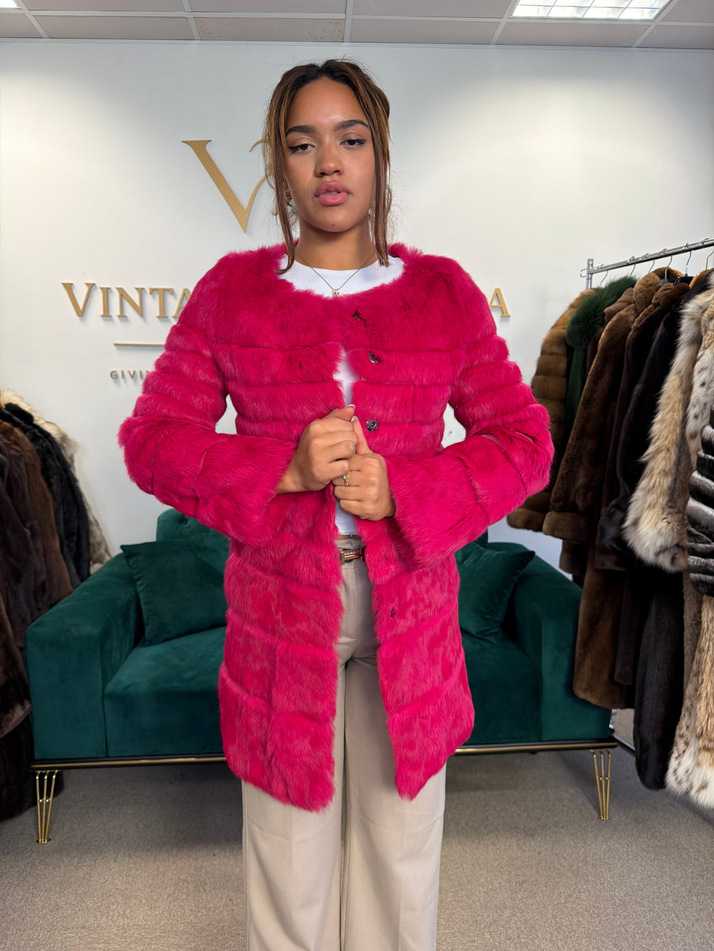 Pink Rabbit Fur Jacket, Small, Light