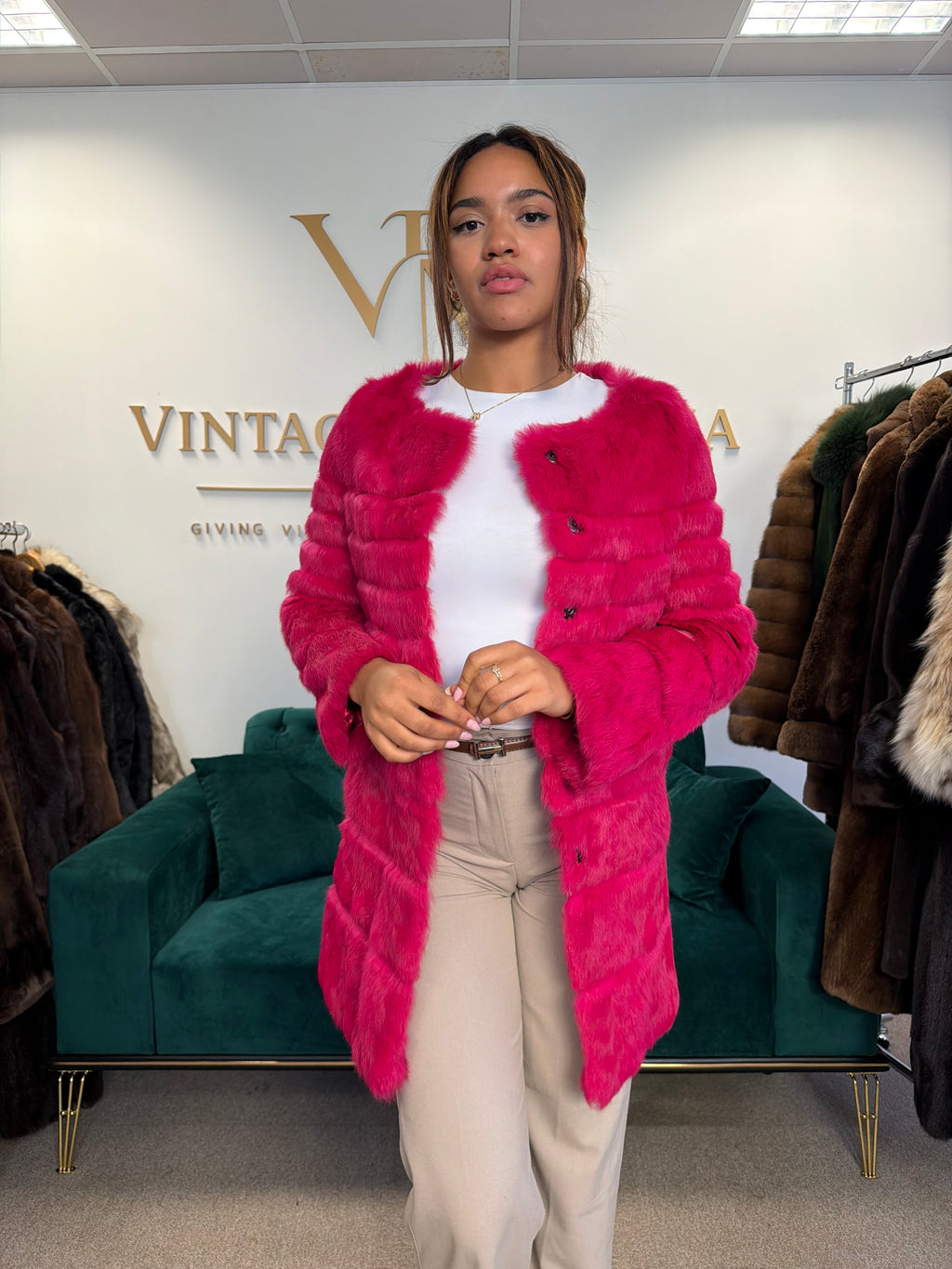 Pink Rabbit Fur Jacket, Small, Light