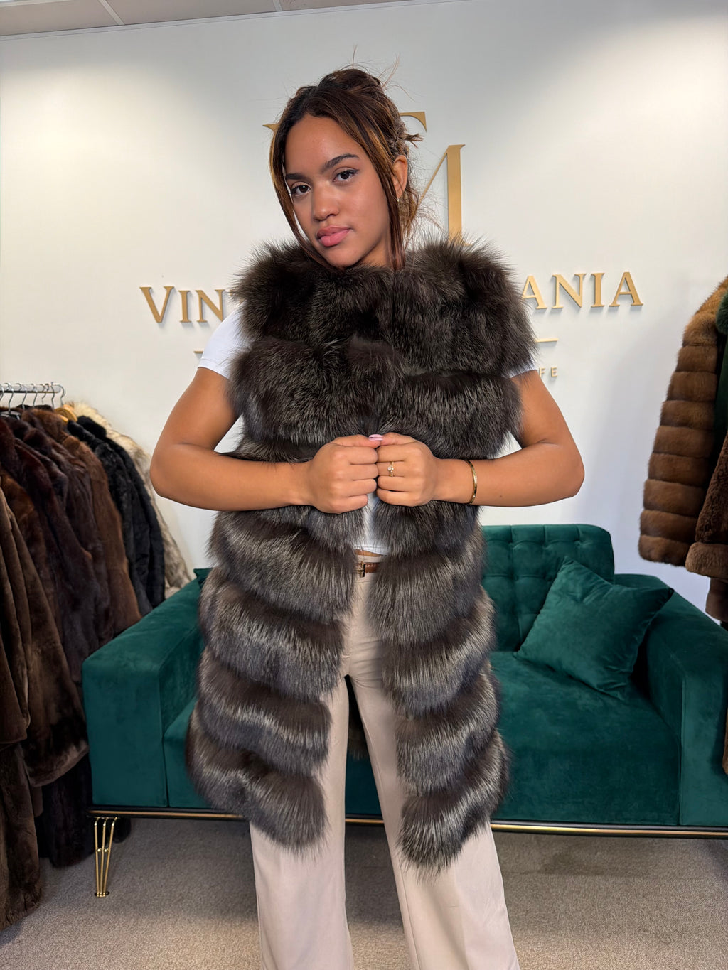 Dark Khaki Green Dyed Fox Fur Jacket, Fits S-M, New