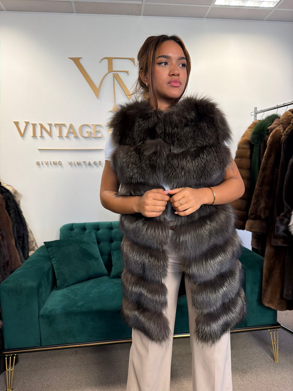 Dark Khaki Green Dyed Fox Fur Jacket, Fits S-M, New