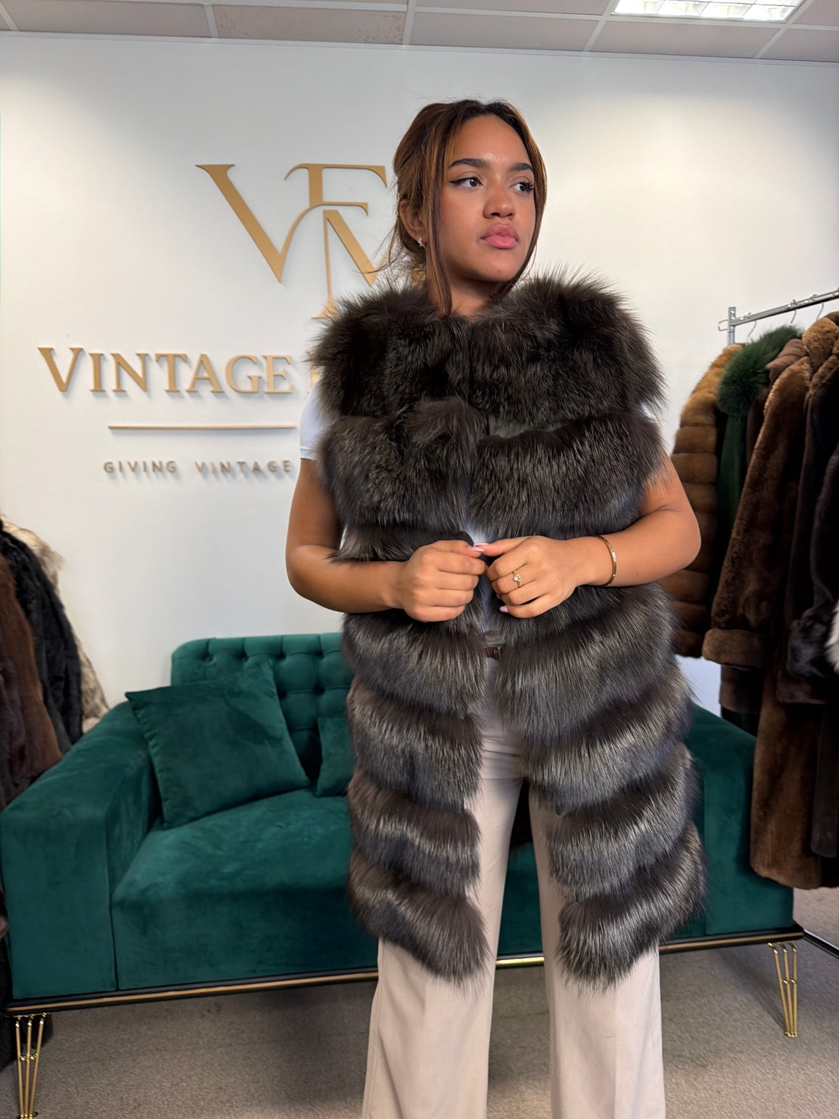 Dark Khaki Green Dyed Fox Fur Jacket, Fits S-M, New