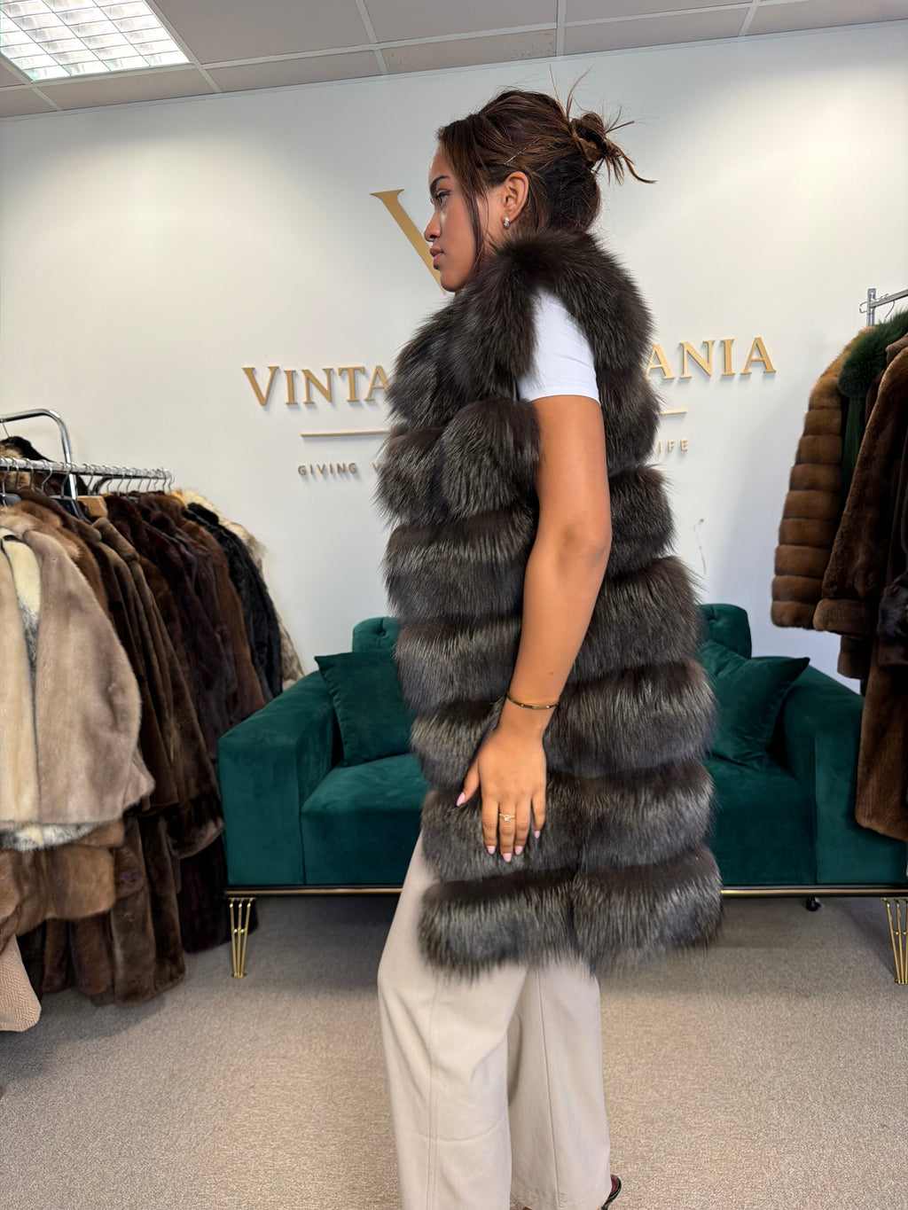 Dark Khaki Green Dyed Fox Fur Jacket, Fits S-M, New