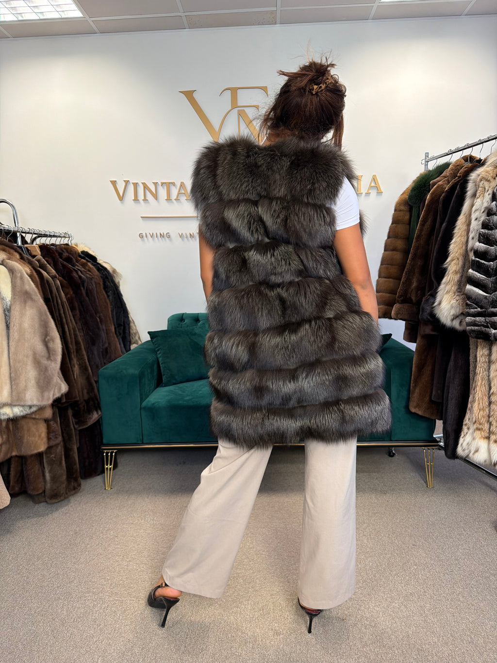 Dark Khaki Green Dyed Fox Fur Jacket, Fits S-M, New