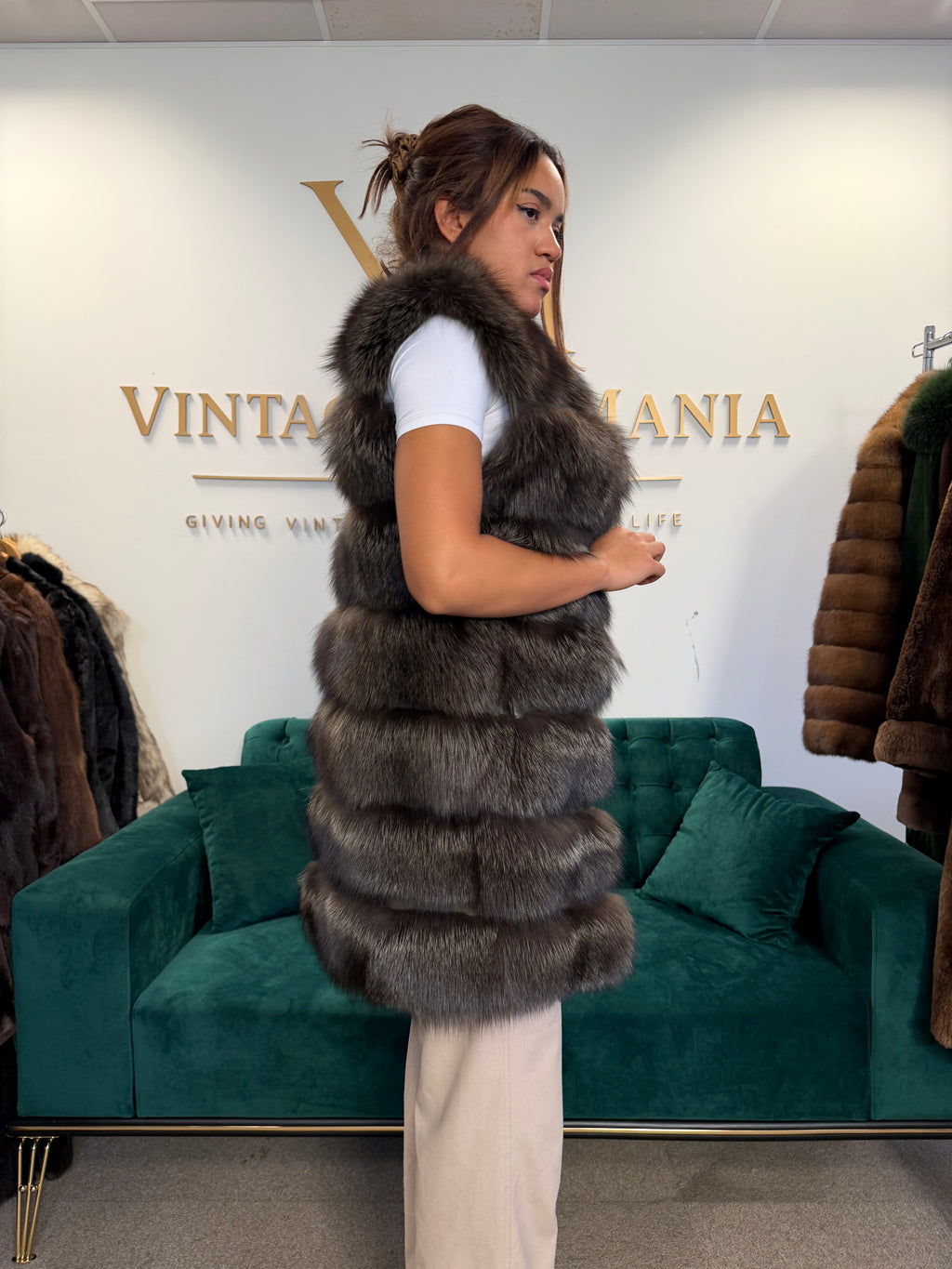 Dark Khaki Green Dyed Fox Fur Jacket, Fits S-M, New