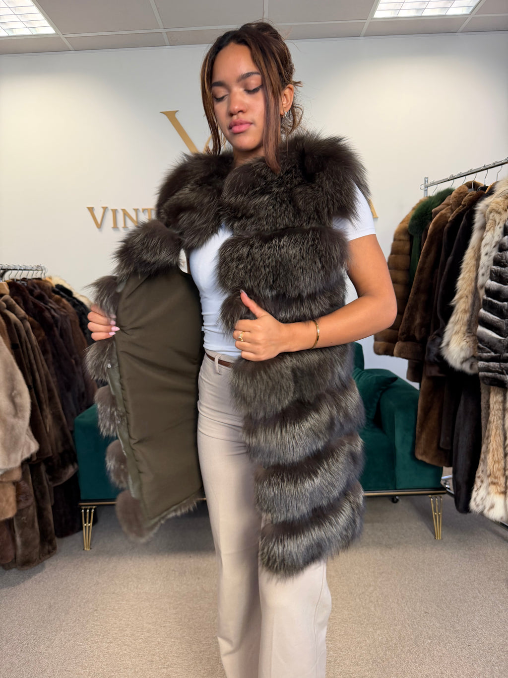 Dark Khaki Green Dyed Fox Fur Jacket, Fits S-M, New