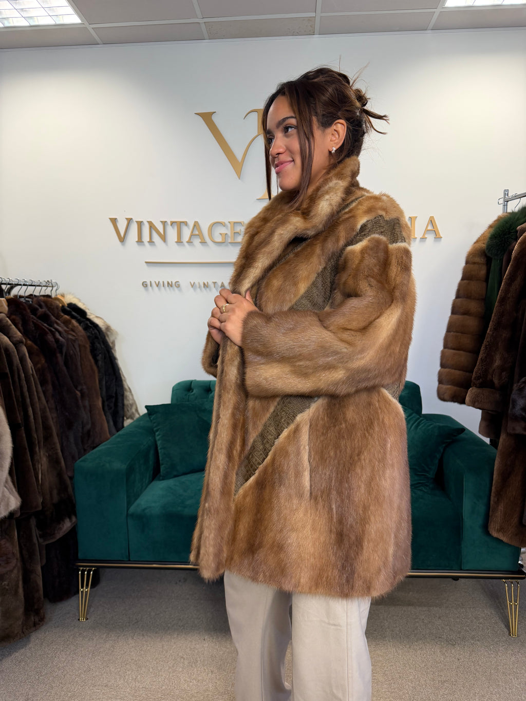 Brown Mink Fur Jacket with Snakeskin Leather, XL