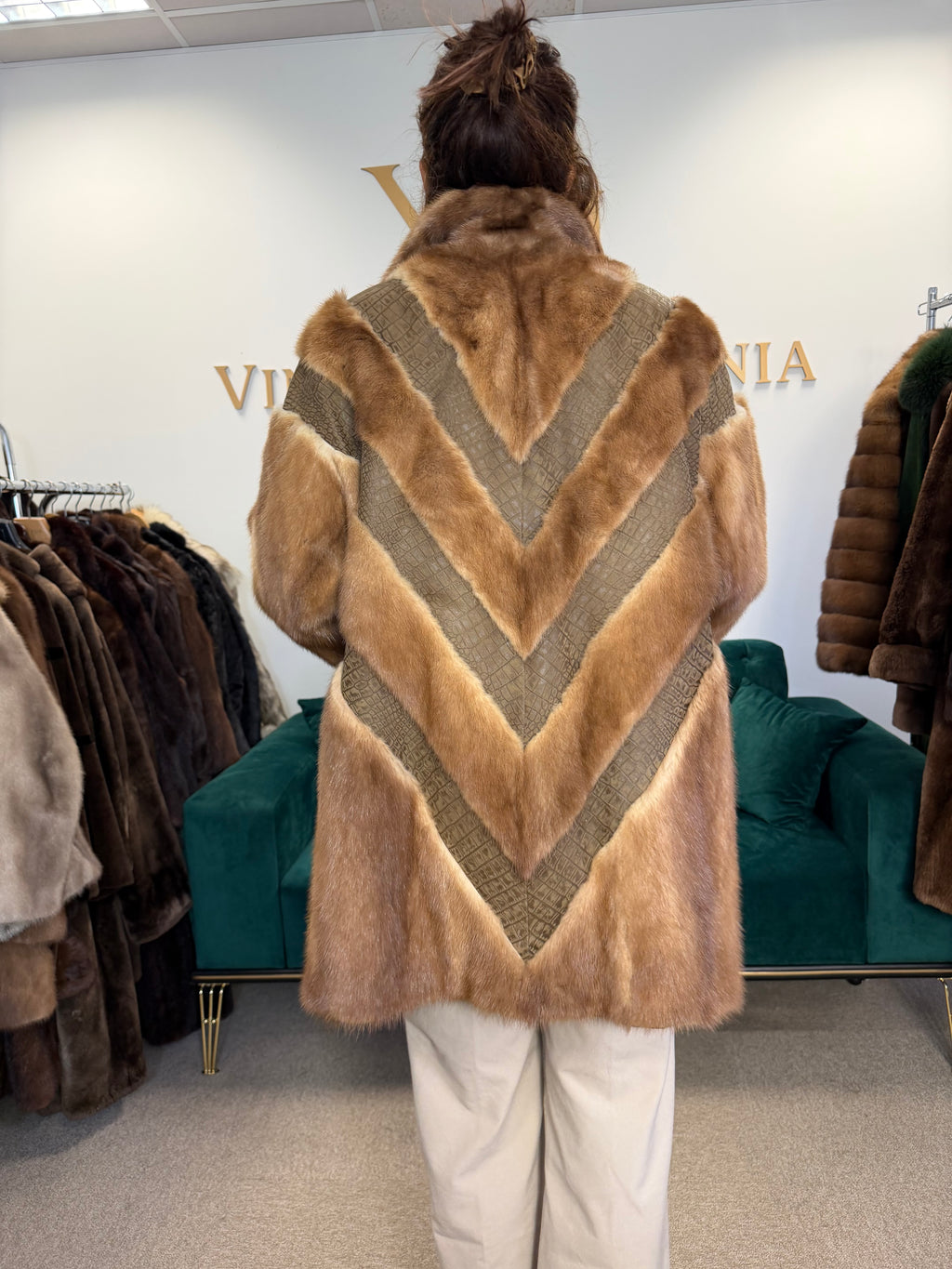 Brown Mink Fur Jacket with Snakeskin Leather, XL