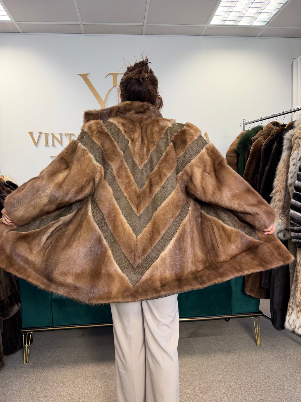 Brown Mink Fur Jacket with Snakeskin Leather, XL