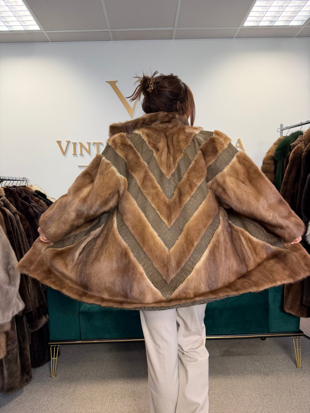 Brown Mink Fur Jacket with Snakeskin Leather, XL