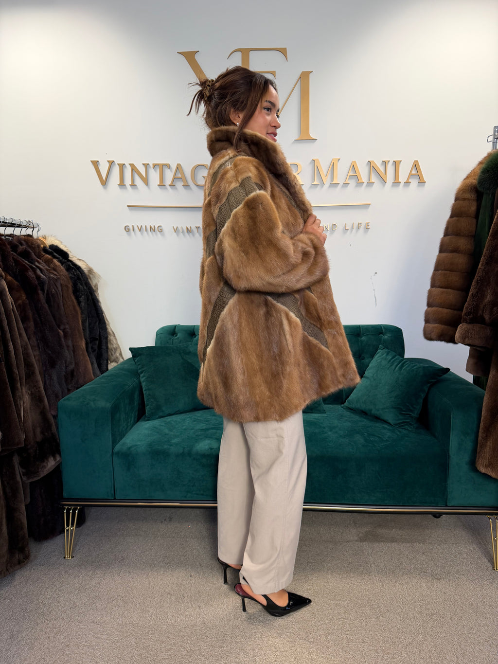 Brown Mink Fur Jacket with Snakeskin Leather, XL